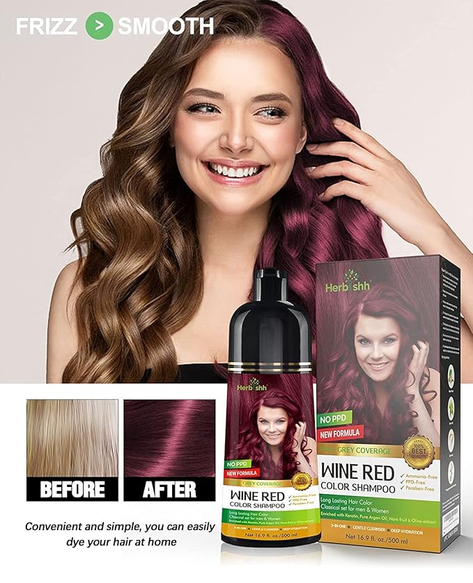 Herbishh Color Shampoo for Gray Hair Coverage (Wine Red) –Hair Dye 3-in-1 Shampoo- Colors in Minutes – Lasts Up To 2-3 Weeks – 500 mL – Ideal for Men & Women