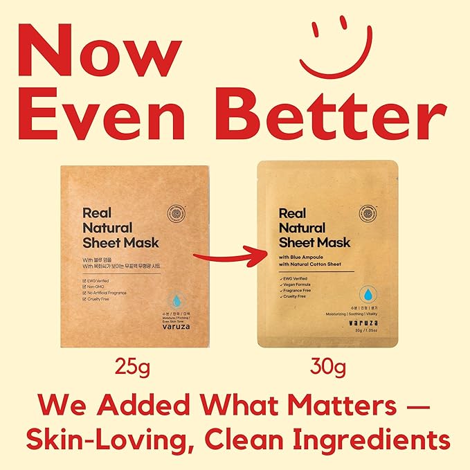 varuza] Real Natural Sheet Mask – EWG VERIFIED, Vegan Face Mask for Hydration, Non-GMO, No Artificial Fragrance, Made in Korea (10 PACK, BLUE AMPOULE)