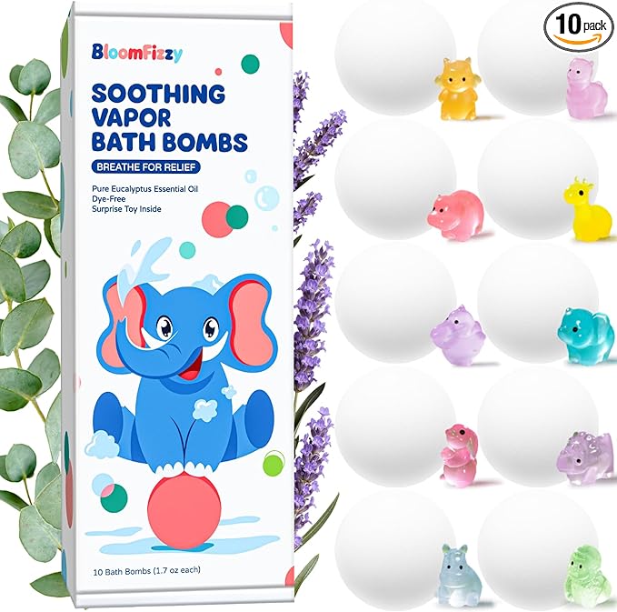 Soothing Vapor Bath Bombs for Kids with Surprise Toys Inside, Eucalyptus & Lavender Essential Oils, Dye-Free Aromatherapy Bath Fizzies, 10 Pack