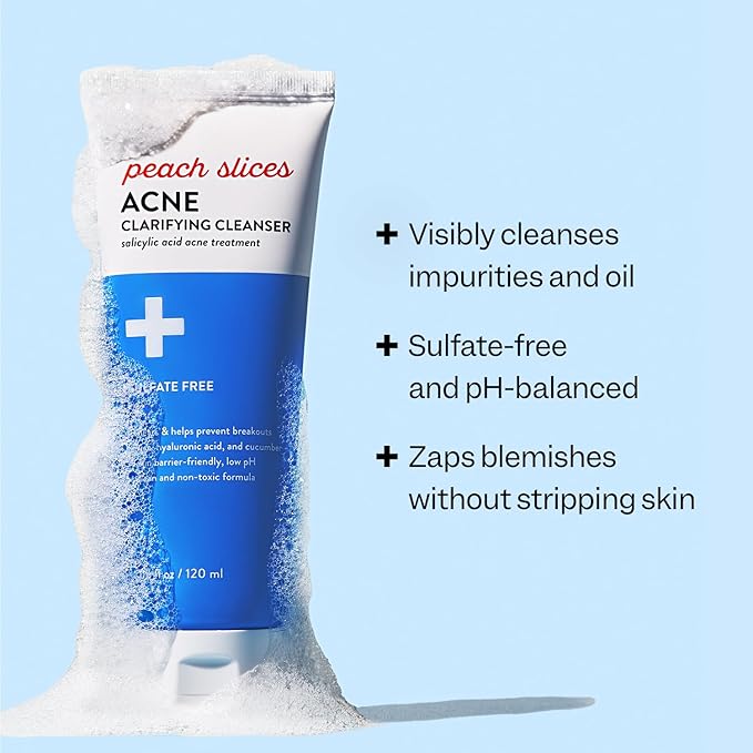 Peach Slices - Acne Clarifying Cleanser (4.05 oz) - 2% Salicylic Acid Acne Treatment - Clear & Prevent Breakouts, Hydrate - Cucumber, Cica, Acerola - Vegan, Cruelty Free, Korean Skin Care & Beauty