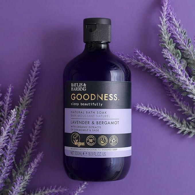 Baylis & Harding Goodness Bath Soak | Lavender & Bergamot | Luxury Bath Soak with Relaxing Mood Boosters to Enhance Sleep | Natural Essential Oils, Dermatologist Approved, Vegan | 3 Pack