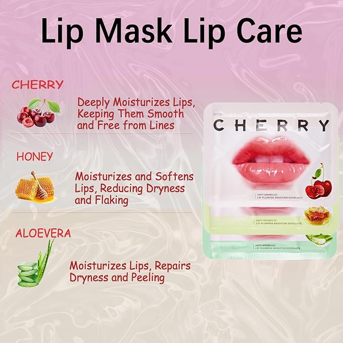 30Pcs Collagen Crystal Lip Masks, Honey & Cherry & Aloevera Lip Care Gel Pads Treatment, Moisturizing & Reducing Chapped, Anti-Aging & Wrinkles Lip Patches, Remove Dead Skin