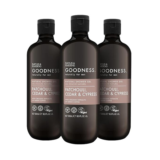 Baylis & Harding Goodness Men's Patchouli, Cedar & Cypress Natural Body Wash, 16.9 fl. oz (Pack of 3) - Biodegradable Formula - Vegan Friendly
