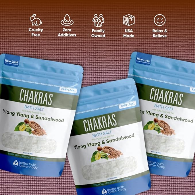 Chakras Bath Salt (3 Pack) USP Epsom Salt with Natural Ylang Ylang and Sandalwood Essential Oils Plus Vitamin C in BPA Free Pouch with Easy Press Lock Seal Made in USA Bundle 6 Lbs Total
