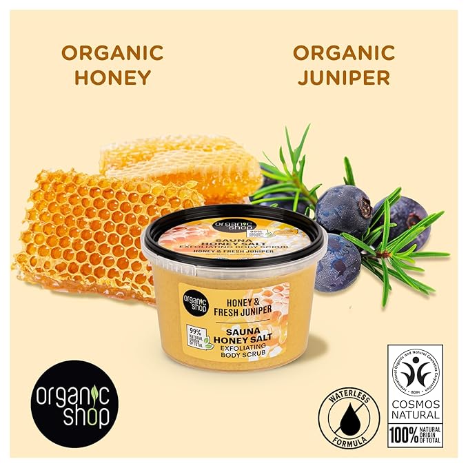 Organic Shop Honey Salt & Juniper Hydrating & Exfoliating Body Scrub, 100% Vegan & Organic, Daily Exfoliant, Detox & Moisturizer, Body, Face, Hand & Foot, Intensive Care & Skin Toning. 250ml