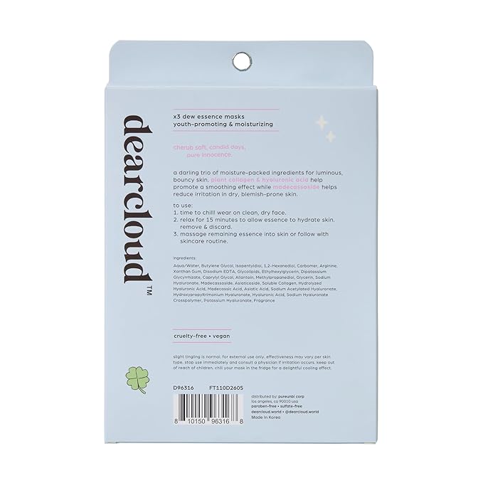 dearcloud Beary Cherub Deep-Moisturizing Dew Essence Face Mask, Korean Sheet Mask - Vegan Collagen, Hyaluronic Acid & Madecassoside (3 Count)