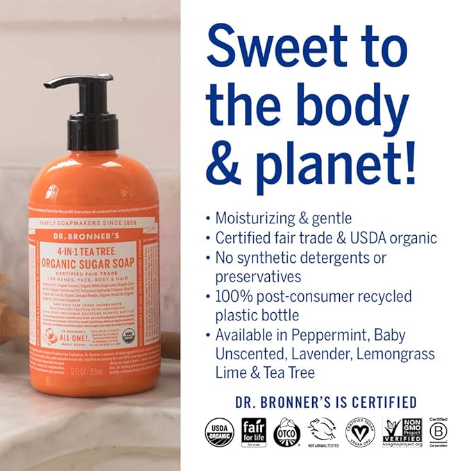 Dr. Bronner's - Organic Sugar Soap (Tea Tree, 12 Ounce) - Made with Organic Oils, Sugar and Shikakai Powder, 4-in-1 Uses: Hands, Body, Face and Hair, Cleanses, Moisturizes and Nourishes, Vegan