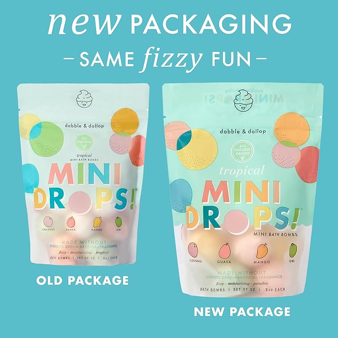 Dabble & Dollop Tropical Mini Bath Bombs & Vanilla Shampoo, Body Wash and Bubble Bath for Kids - All Natural, Resealable Pouch, Foaming Whip, Vegan, Gluten-Free, Cruelty-Free (Pack of 2)
