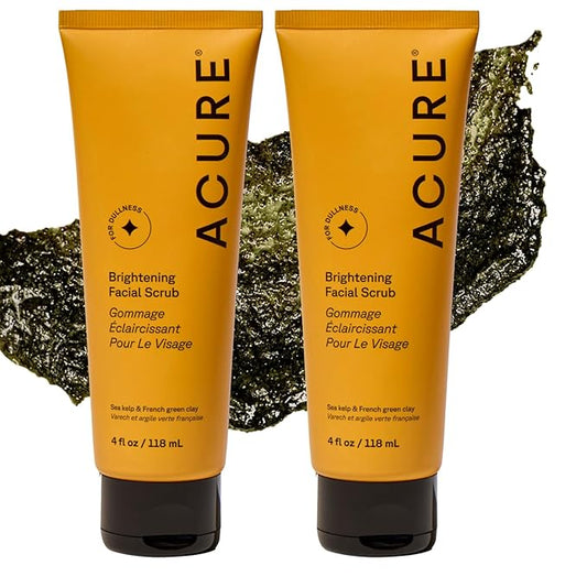 Acure Brightening Facial Scrub - Exfoliating Face Wash, Gentle Daily Scrubber & Exfoliator for Women & Men for Radiant Skin, Cleansing Wash with Sea Kelp & French Green Clay - 4 fl oz (2 Pack)