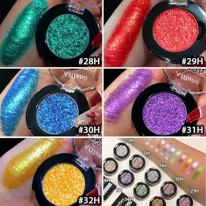 Red Glitter Eyeshadow, Highly Pigmented Shimmer Eyeshadow Red Eye Makeup, Bright Sparkly Fine Pressed Glitter Long Lasting Diamond Metallic Eye Shadow,Silky Waterproof Burgundy Goth Makeup/Highlighter