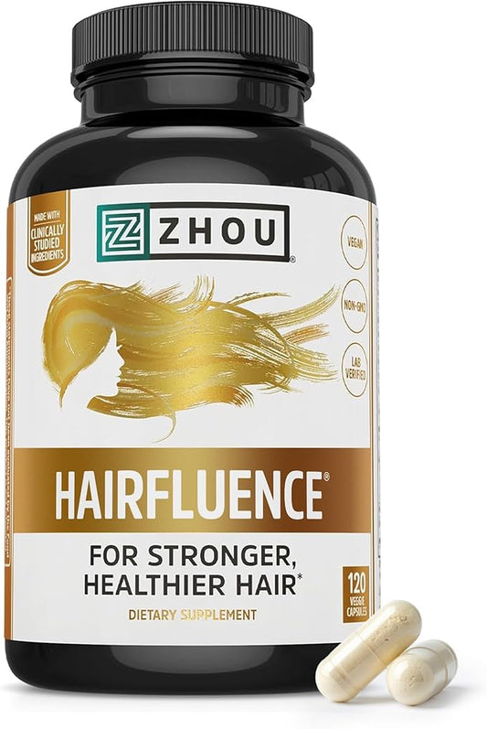 Zhou Hairfluence - Vegan Biotin Supplement for Hair Growth for Men & Women, Lustriva Hair Growth Supplement for Nails & Glowing Skin with B Vitamin Complex & Keranat - 120 Capsules (Pack of 1)