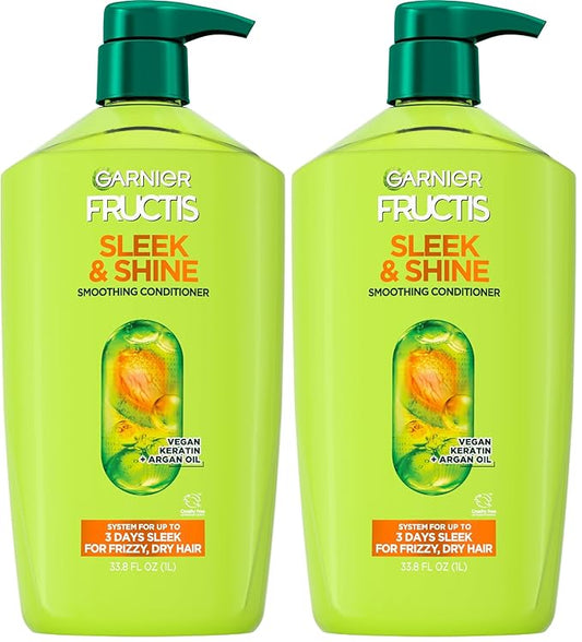 Garnier Fructis Sleek & Shine Conditioner, Smoothing Conditioner for Frizzy, Dry Hair with Argan Oil and Vegan Keratin, 33.8 Fl Oz (Packaging May Vary) (Pack of 2)