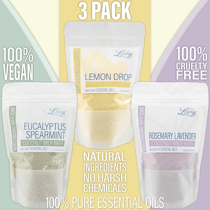 Luxiny Vegan Milk Bath Soak Made with Coconut Milk Powder & Sweet Almond Oil Which Creates A Bath Bomb Dust Soothing Fizz, 8oz (Rosemary Lavender, Eucalyptus Spearmint, Lemon Drop)