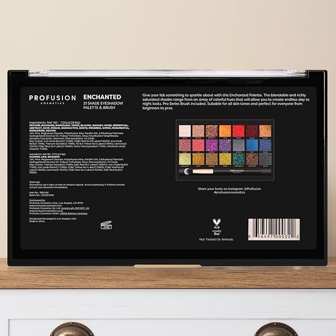 Profusion Cosmetics Enchanted 21-Shade Eyeshadow Palette – Richly Pigmented, Matte & Shimmer Finishes with Professional Brush, Vegan & Cruelty-Free