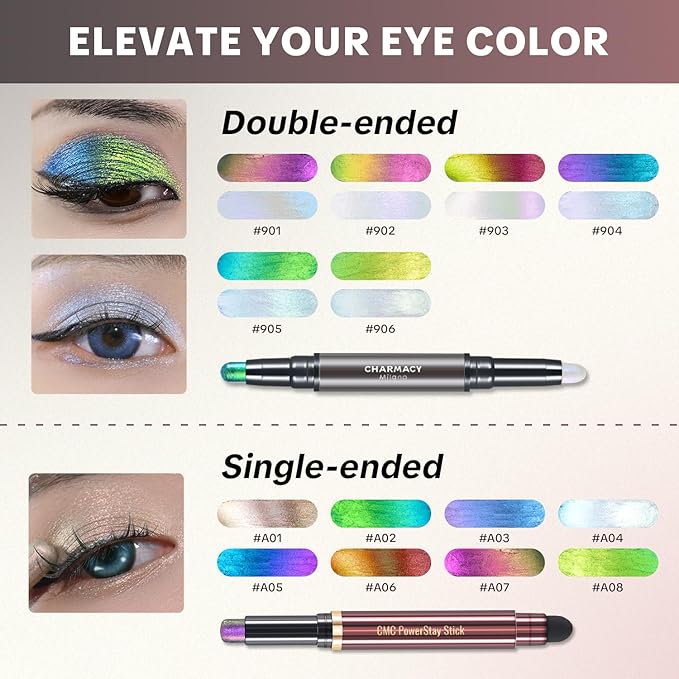 CHARMACY New Duochrome Long Stay Eyeshadow Stick, Creamy Eye Shadow Stick, Multicolor-Shifting Glitter Eyeshadow, Waterproof & Smudge-Proof, High Pigmented, Built-in Smudger #01