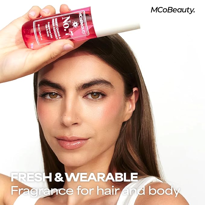 MCoBeauty - Fragrance Mist No. 7 - Light Body Mist and Hair Perfume with Sweet Guava & Fresh Coconut, Fruit Scent with Tropical Notes - Vegan, Cruelty Free - Gifts for Women, Feminine Spray - 90ml