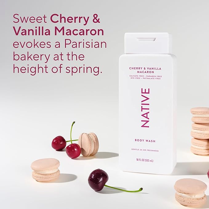 Native Body Wash Contains Naturally Derived Ingredients | For Women & Men, Sulfate, Paraben, & Dye Free Leaving Skin Soft and Hydrating | Cherry & Vanilla Macaron 18 oz