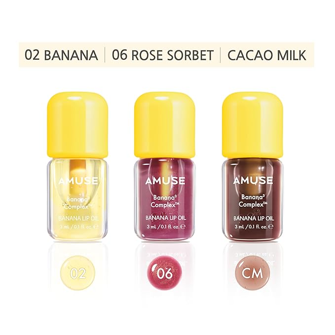 Amuse Seoul Banana Lip Oil Mini Trio – Skincare-Infused Hydrating Vegan Lip Oil, Banana-Scented, Lightweight Non-Sticky Glossy Finish, with Peptide & Rice-Based PDRN