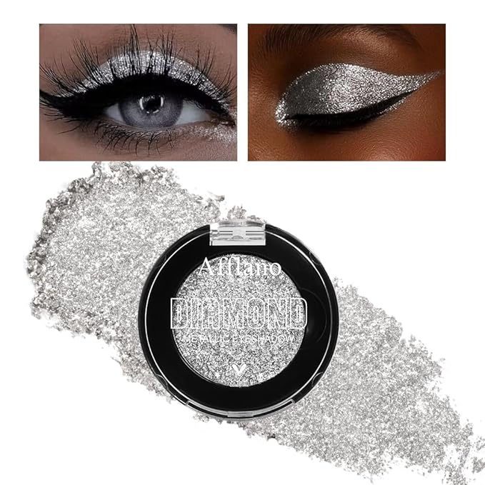 Silver Glitter Eyeshadow, High Pigmented Diamond Sparkly Eyeshadow Silver Eye Makeup, High Shine Long Lasting Waterproof Metallic Pearly Pressed Powder Eye Shadow Highlight for Face & Body, Vegan, #1H