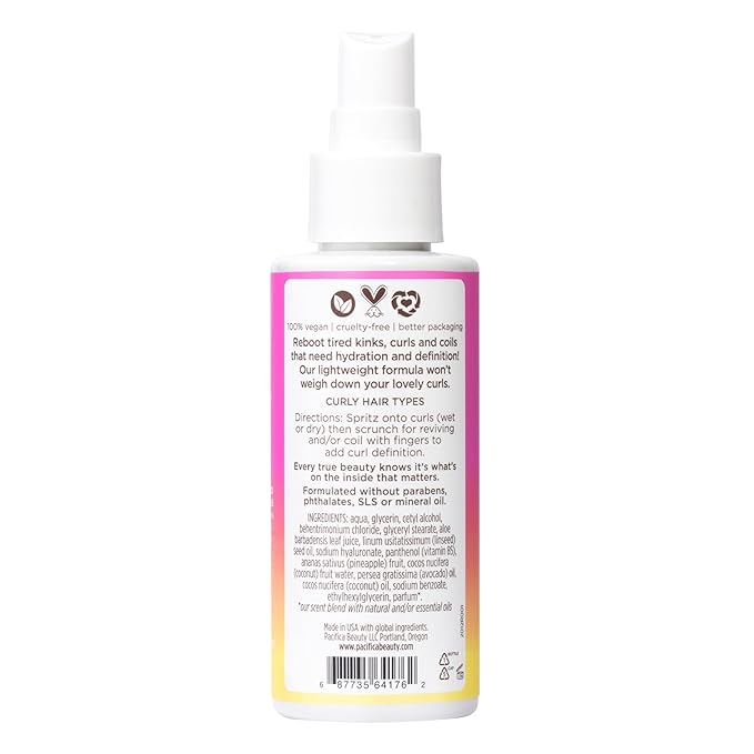 Pacifica Pineapple Curls Refresher Mist-Curl Refresher Spray, with Hyaluronic Acid, Vitamin B5 & Plant Oils, Vegan & Dermatologist Tested Curly Hair Products and Wavy Hair Products-4 Fl Oz(Pack of 2)