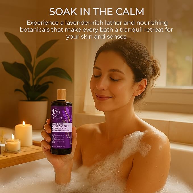Dr. Jacobs Naturals Pure Castile Soap Liquid Body Wash, Lavender - Plant Based Soap Infused with Vitamin E and Aloe Vera to Moisturize Dry and Sensitive Skin - Made in The USA - 32 oz, Pack of 2