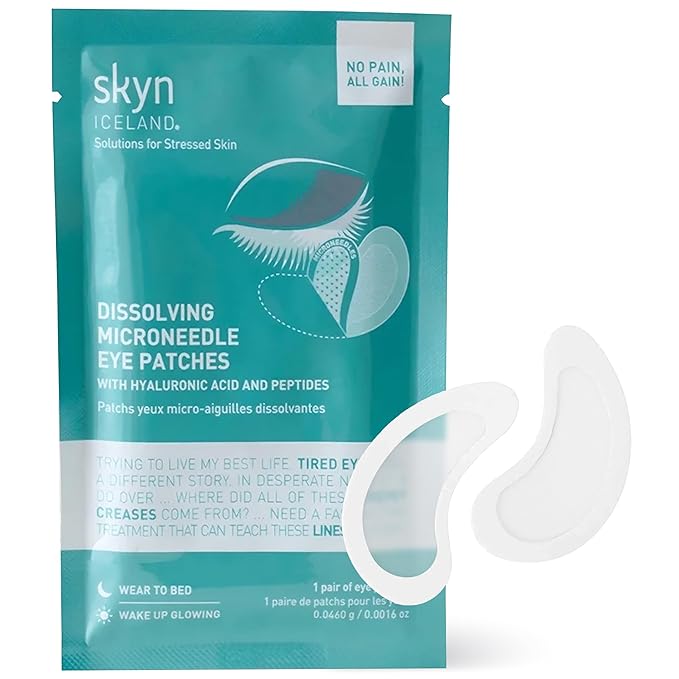 Skyn ICELAND Dissolving Microneedle Under Eye Patches with 39% Hyaluronic Acid and Peptides, No Slip Overnight Eye Mask for Fine Lines, Wrinkles and Hydration, Vegan, All Skin Types, 1 Pair