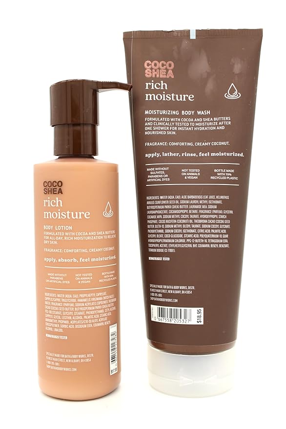 Coco Shea Rich Moisture, Bath and Body, Moisturizing Body Wash and Body Lotion Bundle Set
