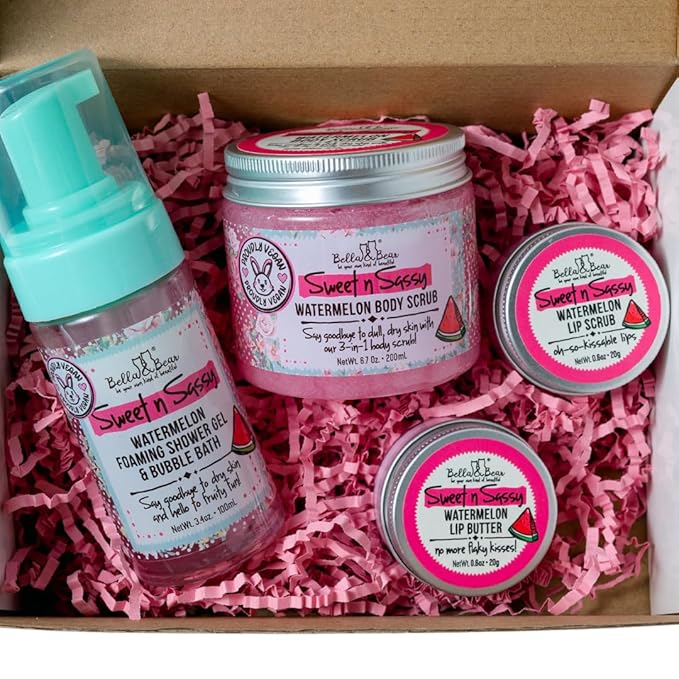 Bella & Bear Sweet 'n; Sassy MIdi Bath & Body Gift Set with Foaming Shower Gel & Bubble Bath, Body Scrub & Lip Scrub and Lip Butter. Great Gifts for Women Birthdays, Girlfriends, Bridesmaids