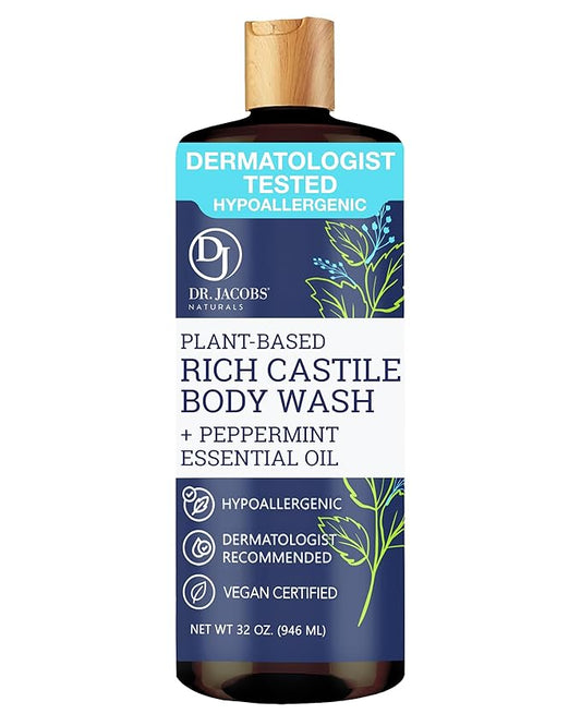 Dr. Jacobs Naturals Pure Castile Soap Liquid Body Wash, Peppermint - Plant Based Soap Infused with Vitamin E and Aloe Vera to Moisturize Dry and Sensitive Skin - Made in The USA - 32 oz, Pack of 1