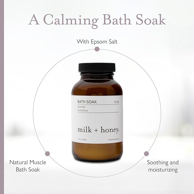 milk + honey No. 8 Calming Bath Soak – Moisturizing Epsom Salt with Lavender & Eucalyptus – Relaxing Aromatherapy Soak for Sore Muscles, Dry Skin & Stress Relief – 10 oz