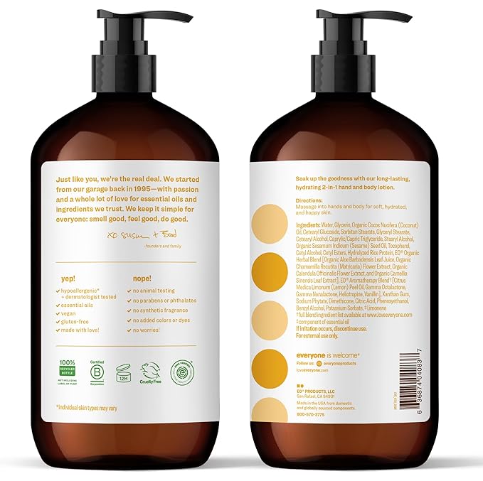 Everyone 2-in-1 Lotion for Hands/Body, 32 ounce (Pack of 2) Coconut and Lemon made with Essential Oils for Men and Women