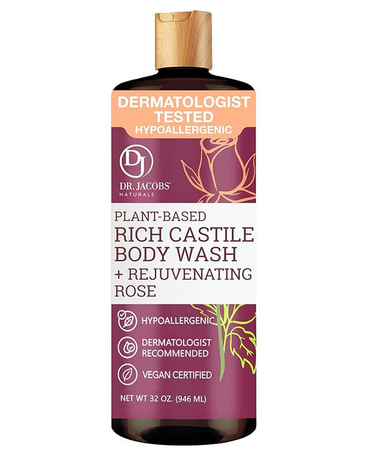 Dr. Jacobs Naturals Pure Castile Soap Liquid Body Wash, Rose - Plant Based Body Soap Infused with Vitamin E and Aloe Vera to Moisturize Dry and Sensitive Skin - Made in The USA - 32 oz, Pack of 1