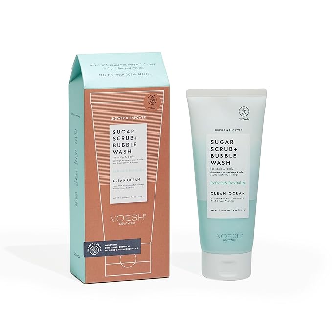 VOESH Sugar Scrub + Bubble Wash, Exfoliating Body Scrub & Body Wash, Clean Ocean, Scalp Care, Shower Vegan Body Care