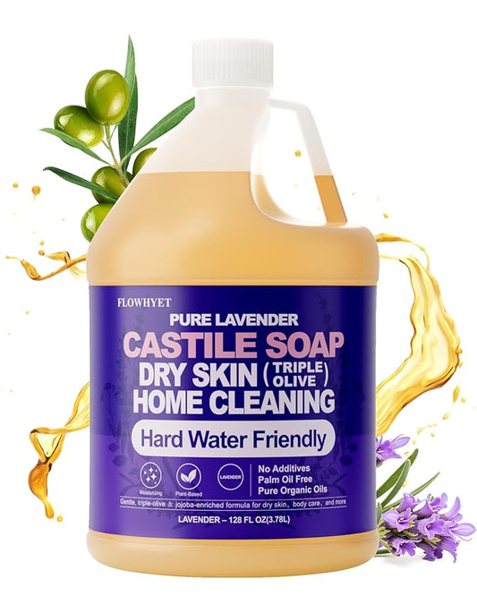 1 Gallon Pure Castile Soap Liquid Lavender, Natural Organic Hand Soap, For Dry Skin, Hand, Face, Body ＆ Home Cleaning, Vegan Hard Water Friendly- 128 fl oz
