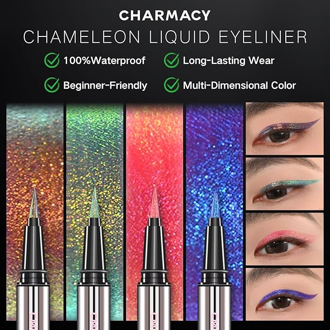 CHARMACY New Chameleon Liquid Eyeliner, Highly Pigmented, Metallic MultiColor Shifting Waterproof, Ultra-Fine Tip, Longwearing, Smudge-proof (A04 Ocean Glint)