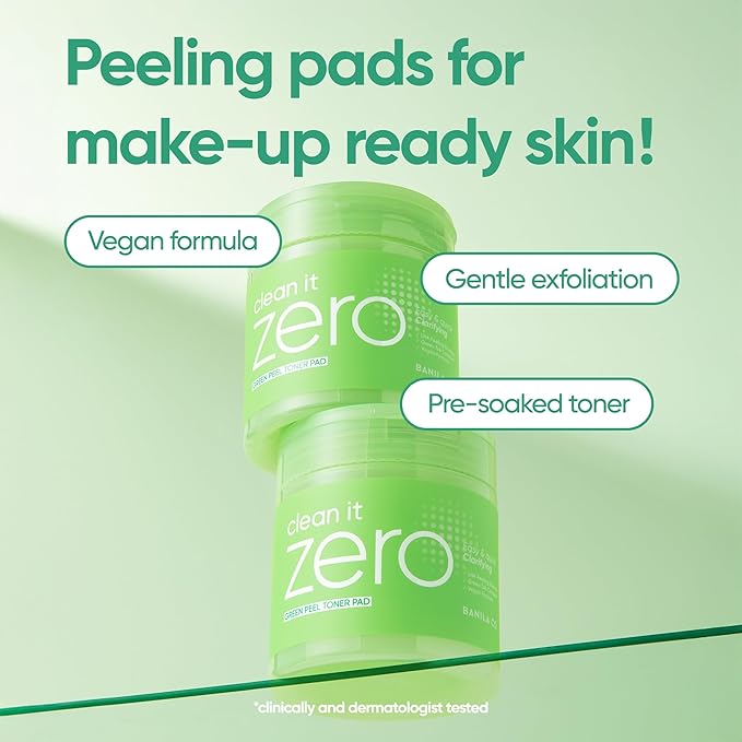 BANILA CO Clean it Zero Green Peel Toner Pad | Vegan Korean Dual Textured for Gentle Exfoliating | Green Complex and LHA to Even Skin Texture and Remove Sebum | Hypoallergenic, Alcohol-Free (70ea)