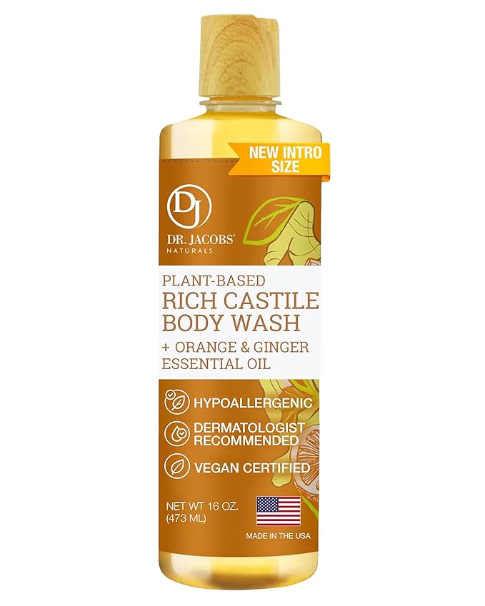 Dr. Jacobs Naturals Pure Castile Soap Liquid Body Wash, Orange & Ginger - Plant Based Soap Infused with Vitamin E & Aloe Vera to Moisturize Dry and Sensitive Skin - Made in The USA - 16 oz