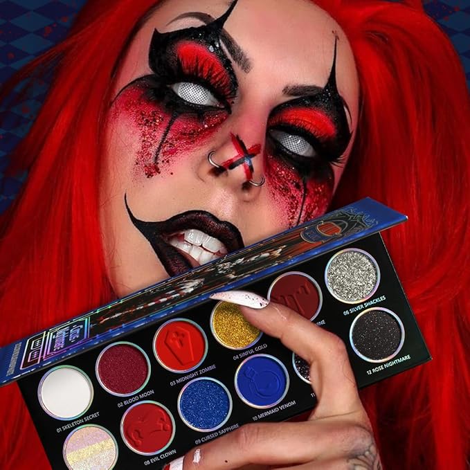 DE'LANCI Red Blue Multichrome Eyeshadow Palette, High Pigment Metallic Silver Shimmer Eyeshadow for Goth, Clown/Joker Smoky Makeup, Longwear Vegan Chameleon Iridescent Black Halloween Cosplay Party