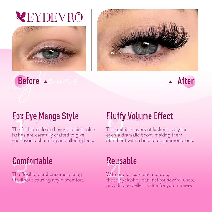 EYDEVRO False Eyelashes Fluffy Lashes D Curl Faux Mink Lashes Cat Eye Lashes Wispy Fake Lashes Fox Eye Manga Lashes Volume Strip Lashes 7 Pairs Pack