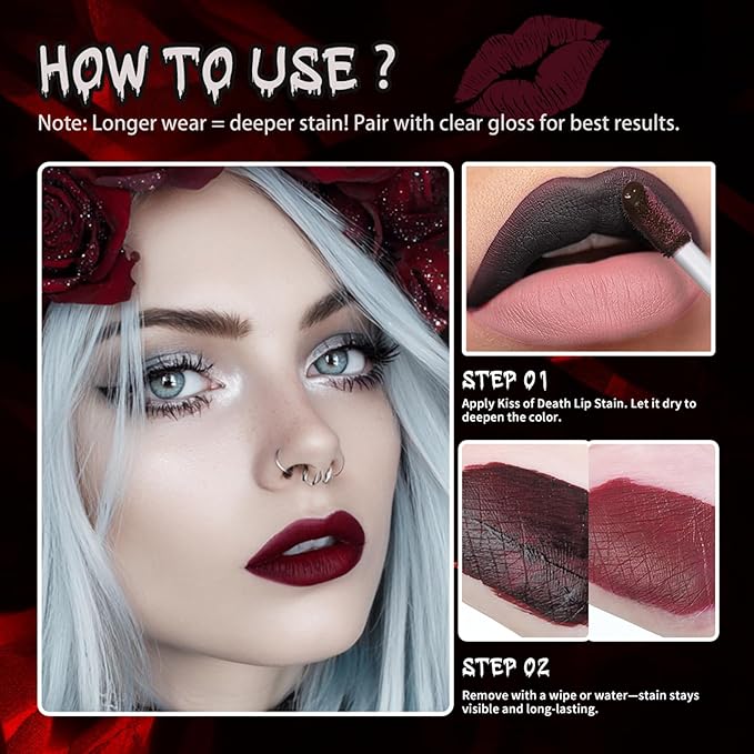 AKARY Matte Liquid Halloween Lipstick for Women, 4-Colors Bloody Liquid Lipstick, Long Lasting Waterproof Lightweight Comfortable Non-Drying Bold Dark Lip Gloss for Gothic Stage Parties Makeup, #1