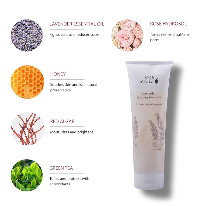 100% PURE French Lavender Shower Gel Natural Foaming & Hydrating Body Wash - Deeply Moisturizing Gentle Soap Cleanser for All Skin Types, Even Sensitive - Gluten-Free - 8 Fl Oz