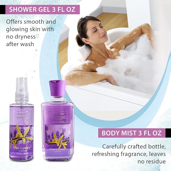 Bath and Body Gift Set, Lavender Vanilla Blush 4-Piece Skincare Collection - Lotion, Shower Gel, Hand and Body Cream, Body Mist, 3 Fl Oz Each, Holiday Gift for Her/Mom/Girlfriend/Sister