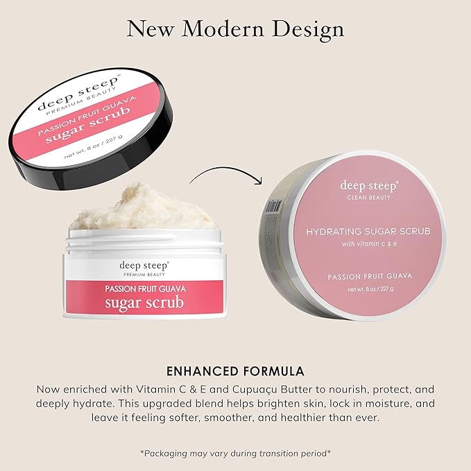 Deep Steep Sugar Scrub, Passion Fruit Guava, 8 oz – Exfoliating Body Scrub with Organic Coconut Oil, Shea Butter & Argan Oil – Vegan, Clean Beauty, Smooth, Soft & Nourished Skin