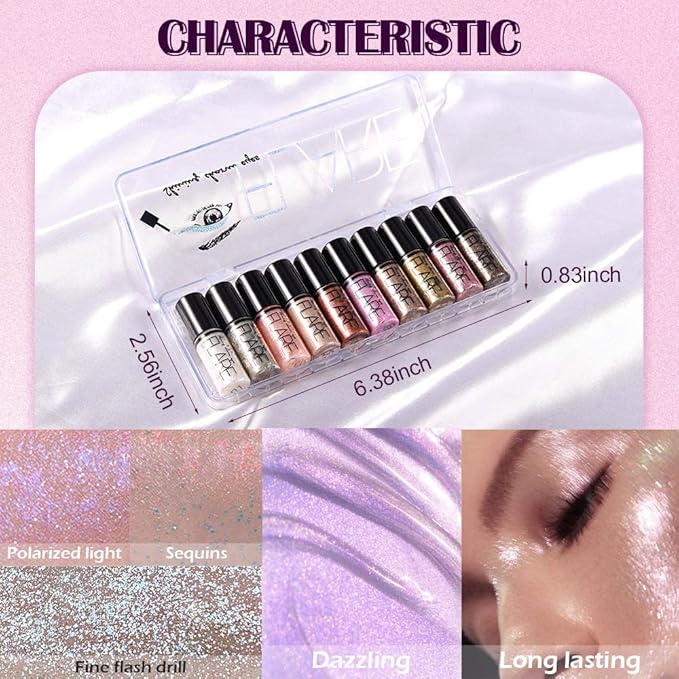 10Pcs Colorful Liquid Glitter Eyeshadow & Eyeliner Sticks Kit – Korean Shimmer Metallic Eye Makeup, Quick-Drying & Waterproof, Vegan & Cruelty-Free, Silver Brown Pink Gold Sparkle sombras de ojos