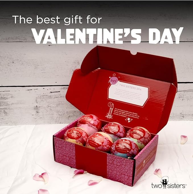 Valentines Bath Bombs for Kids with Surprise Heart Toys Inside (6 Pack) - Valentines Day Gifts for Kids & Women, Bubble Bath, USA Made, Kids-Safe Ingredients, Fruity Scents by Two Sisters