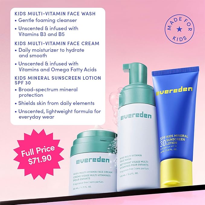 Evereden Daily 1-2-3 Routine: Clean, Vegan Skin Care Set for Kids, Hydrating, Non-Toxic Skincare Set with Multi-Vitamin Fragrance-Free Face Wash & Fragrance-Free Face Cream & SPF 30 Mineral Sunscreen