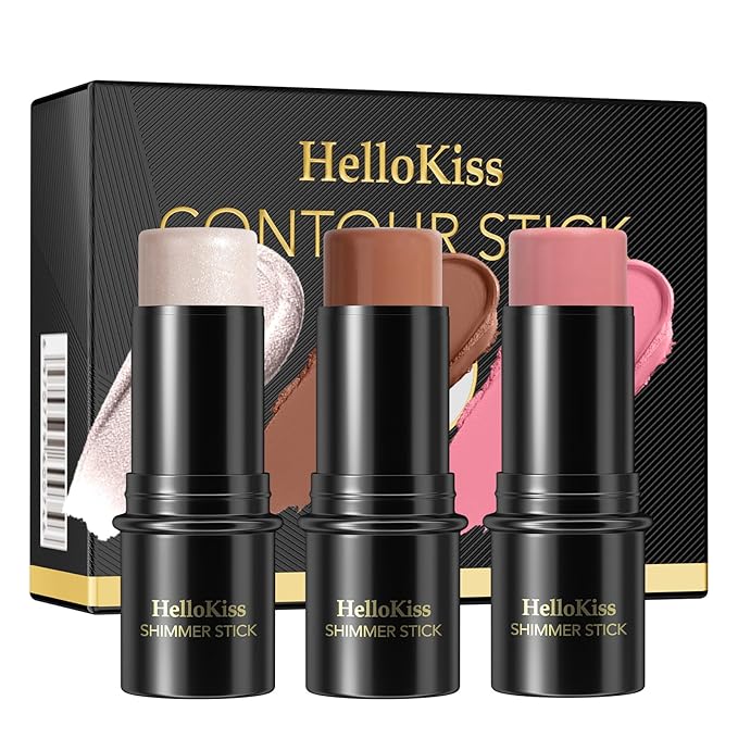 3Pcs Cream Contour Stick Makeup Kit, Shades with Highlighter, Blush and Bronzer Contour Stick for Cheeks, Lips, Eyes, Natural Face Contouring, Long Lasting, Waterproof, Matte Finish (Set B, S)