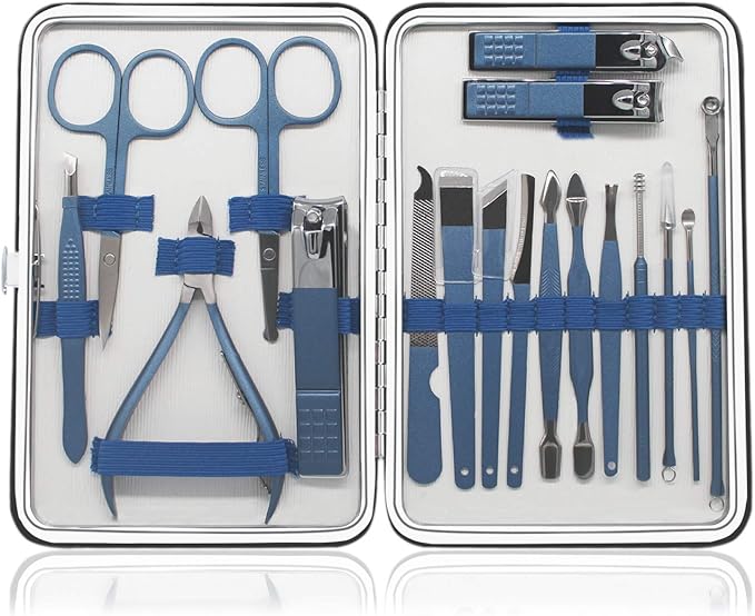 18 Pieces of Stainless Steel Nail Trimming and Beauty Kits - Nail Clippers, Nail Files, Tweezers, Nose Scissors, Eyebrow shavers, Ear Spoons, Blue Leather suitcases.