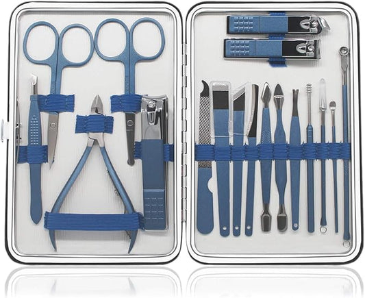18 Pieces of Stainless Steel Nail Trimming and Beauty Kits - Nail Clippers, Nail Files, Tweezers, Nose Scissors, Eyebrow shavers, Ear Spoons, Blue Leather suitcases.