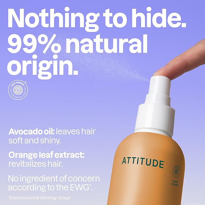 ATTITUDE Detangling Spray, EWG Verified, Vegan & Plant-Based Hair Care, Leave-In for Smooth & Manageable Hair, Orange Blossom & Eucalyptus, 8 Fl Oz